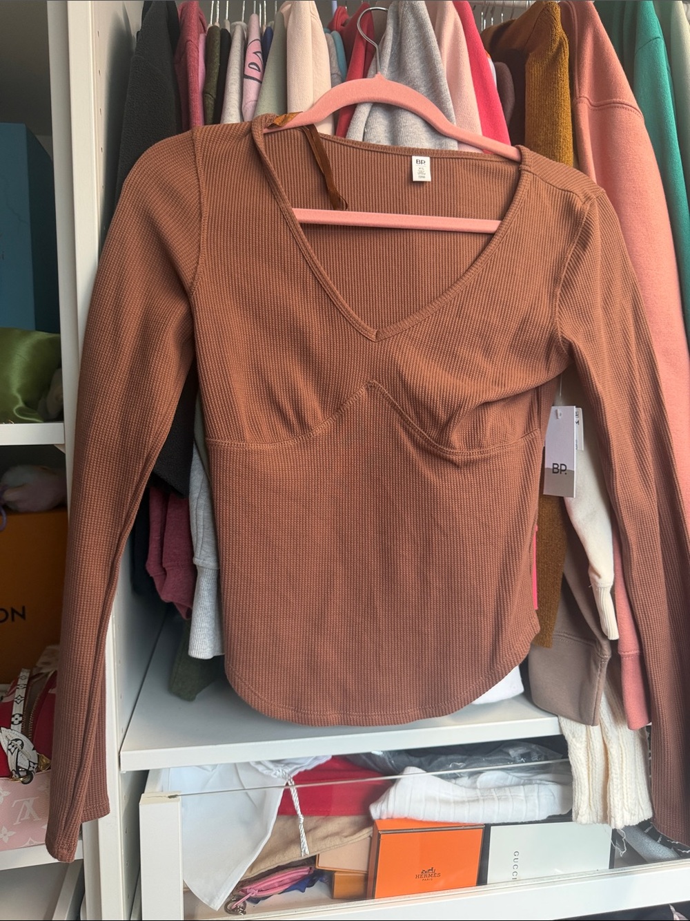 bp Ribbed V-Neck Long Sleeve Top in Rusty Brown